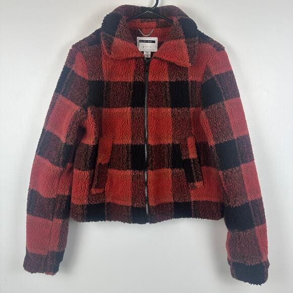 Noisy may Jackets & Blazers - Noisy May Womens Full-Zip Sherpa Buffalo Plaid Orange/Black Trucker Jacket XS